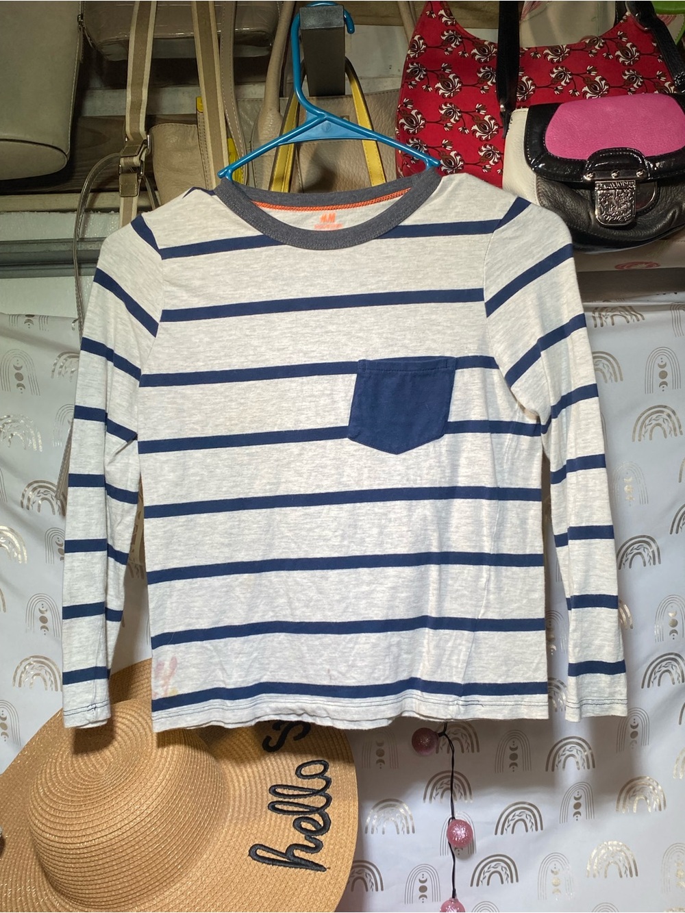 H&M Grey Tee with Navy Stripe and Orange Logo